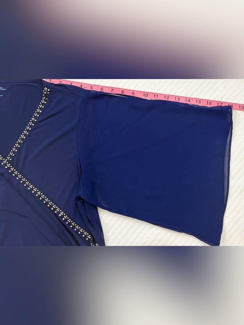 Women’s PLUS Carmen Royal Blue Embellished V-Neck Ruched Sheer Sleeve Blouse- 1X - Picture 7 of 13